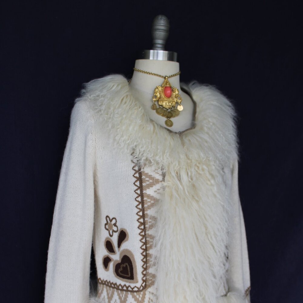 vintage Mongolian Curley lamb wool cardigan cowichan sweater jacket aplique M - Picture 5 of 12